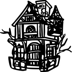 Naklejka premium Halloween Haunted House Spooky Creepy Horror Ghost Mansion Cottage Castle Home Building Cartoon Illustration