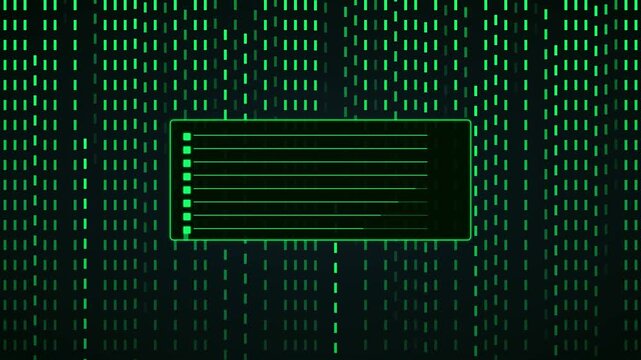 Digital data loading interface with green matrix code animation background