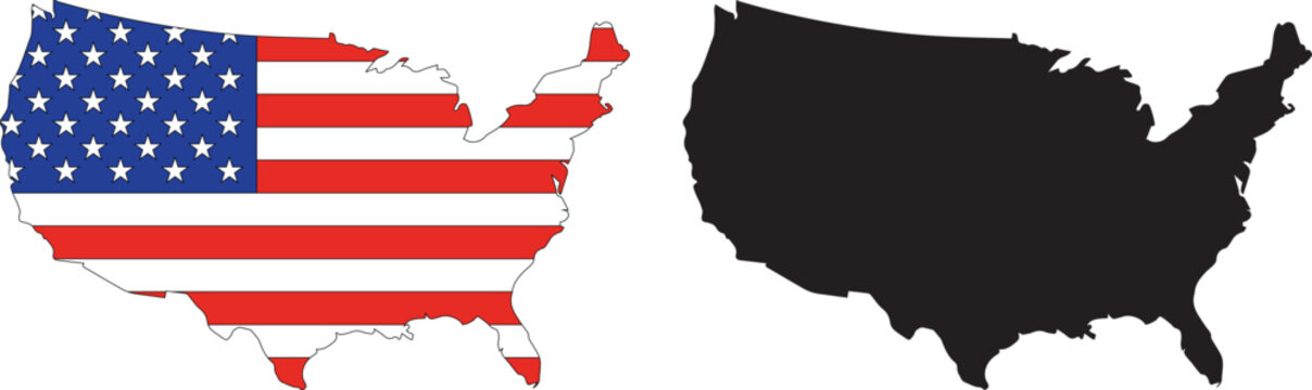 usa flag on map.  two different style map. silhouette and outline style.cut for circuit vinyl cut. laser cut. commercial use
