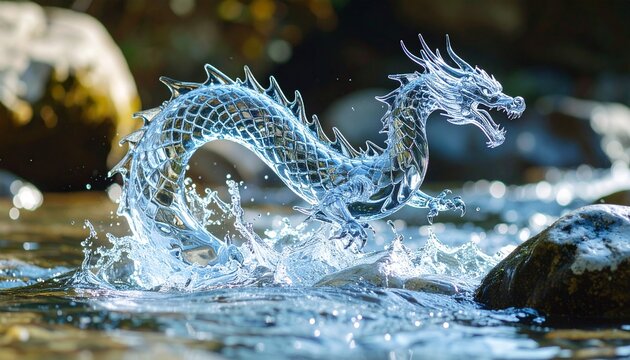 Crystal Dragon Emerges from Water - A Mythical Creatures Aquatic Dance.