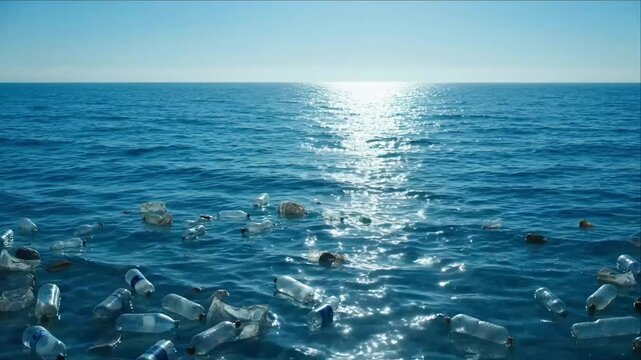 Cinematic ocean plastic pollution water background with floating bottle waste garbage trash under bright sun reflection on calm sea surface serene sadness environmental damage concept