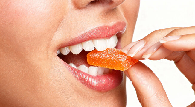 Extreme close-up of a female mouth with beautiful white teeth biting into an orange rectangular jelly candy coated with sugar powder. Perfect smile and dental care concept.