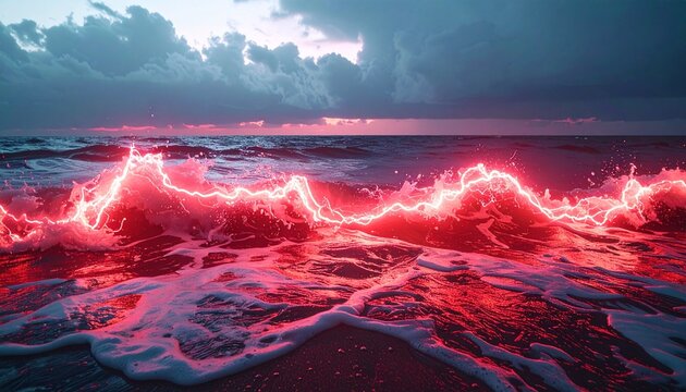 Crimson Waves - A surreal seascape with glowing red waves under a stormy sky.