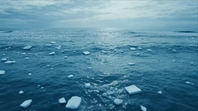 Cinematic ocean plastic water pollution background with floating ice block and melting ice piece cold sea surface cloudy blue sky highlighting fragile climate crisis impact environmental sadness