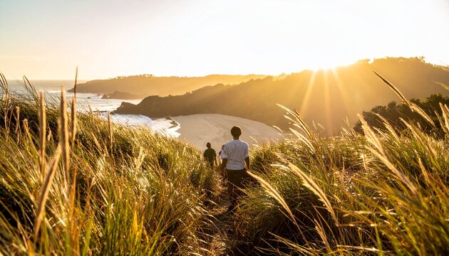 Couple enjoying golden sunrise from grassy hilltop overlook