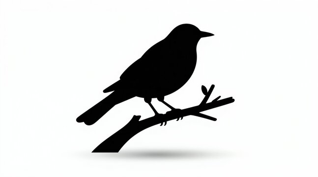 Black silhouette of a small bird perched on a thin branch against a white background. Simple graphic illustration with minimalist style. Clean art visual.