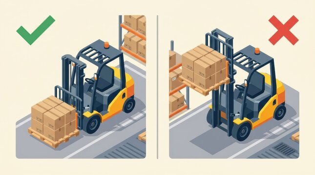 Illustration shows correct and incorrect methods of fork positioning for a forklift in a warehouse.
