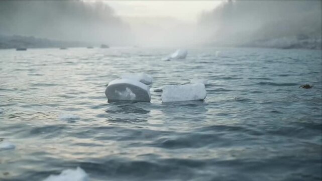 Cinematic plastic water pollution background with melting ice block cold river surface misty landscape climate change concept fragile winter nature ocean waste floating foggy tranquil atmosphere