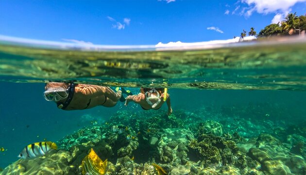 Tropical island paradise with vibrant coral reef and sea
