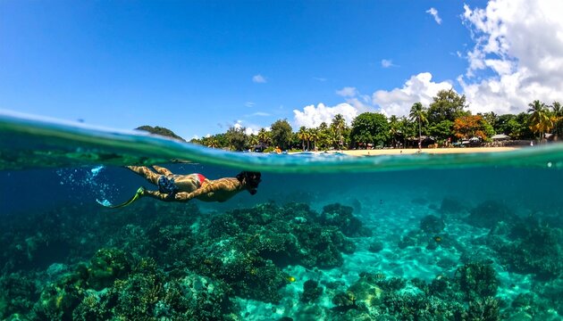 Friends swimming above coral reef in turquoise lagoon