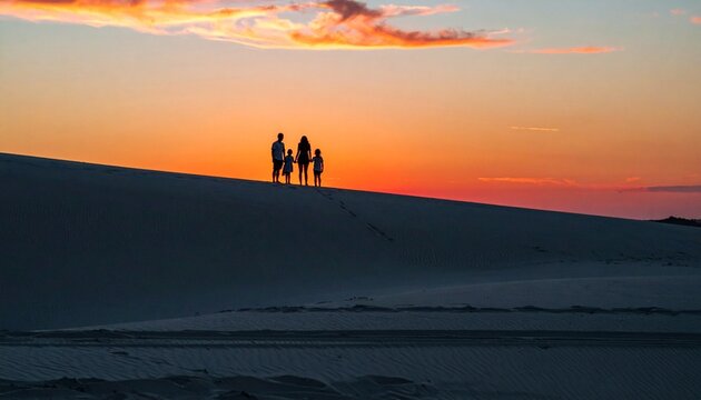 Friends standing together on sand dune during sunset adventure