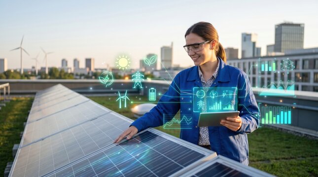 Female engineer inspecting solar panels on a rooftop with a tablet, surrounded by green energy icons and data charts