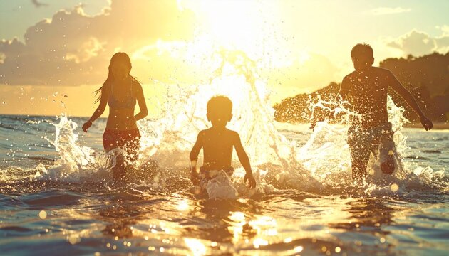 Family enjoying playful beach day under golden summer sunshine