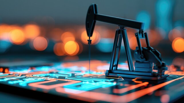 Miniature Oil Pump Jack on Digital Map with Bokeh Lights.
