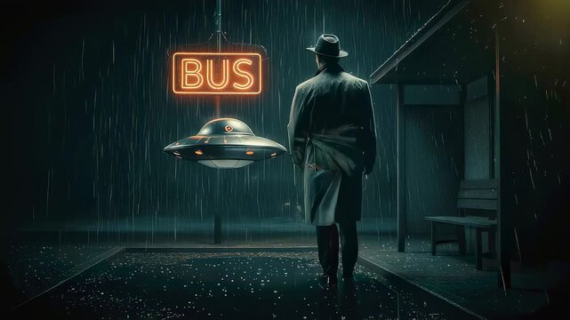Man in trench coat waiting at bus stop with ufo. Flying saucer hovering in rain at night. Sci fi encounter concept with mysterious stranger in urban setting.