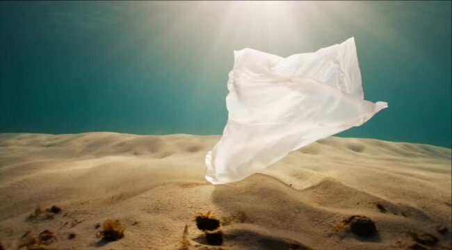 Cinematic plastic bag underwater ocean water pollution background undersea sand seabed sunlight ray serene sea floor marine debris fragile environment environmental crisis waste litter conservation
