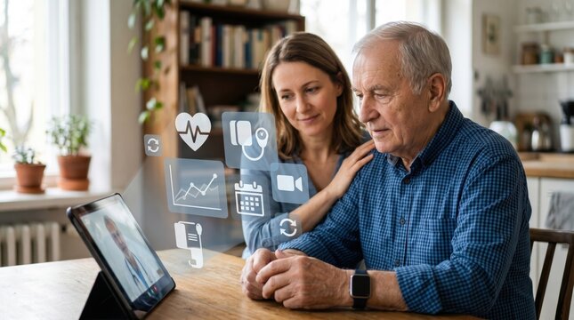 Senior man video call doctor on tablet with family support, telehealth service, remote medical consultation, digital healthcare for elderly, home treatment