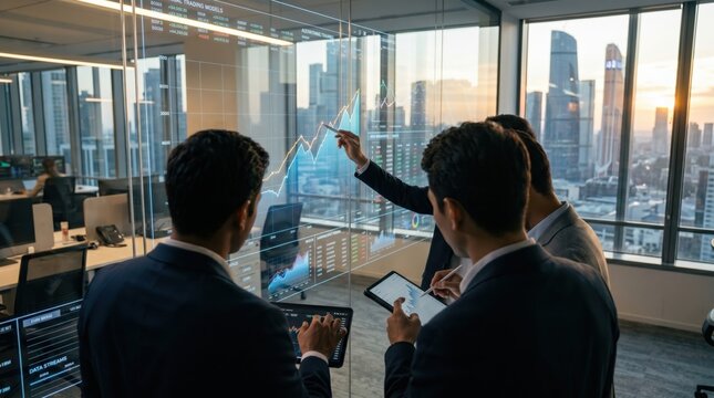 Financial traders analyzing stock market trends on transparent glass screen in high-rise office, investment banking and global economy trading concept at sunset