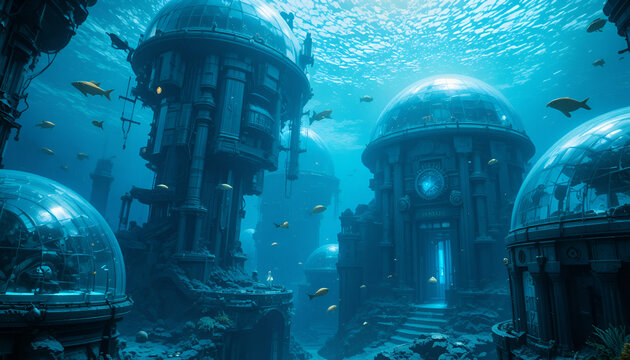 Advanced underwater metropolis with transparent domes, marine life swimming around futuristic buildings, blue ambient lighting, highly detailed, cinematic scene.
