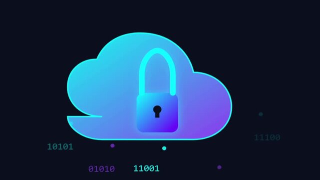 Glowing neon cloud computing icon with padlock and binary code, digital data protection and cyber security animation loop.