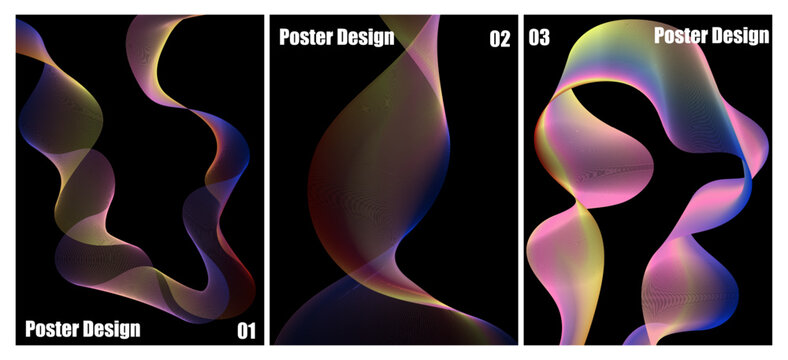 Abstract Neon Gradient Flowing Line Art Poster Design Template Set. A set of three modern and futuristic abstract poster design templates.