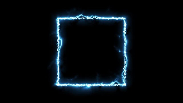 Realistic animated blue square frame on black background, glowing neon electric energy border 4K transparent overlay