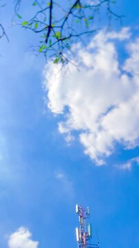 Take Hand Off the Lens, Blur and Focus, See the World, Rooftop Telecommunication Tower on Sky with Leaves on Branches and Small Airplane Flying at Bangkok, Thailand. 05 JAN 2026, A.M./ Real Time Video