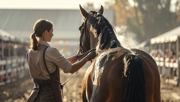 Young man riding brown horse in rural field.