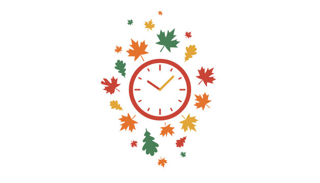 Circular wall clock surrounded by a scattered pattern of falling autumn leaves marks the passage of time during the fall season for seasonal planning.