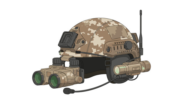 Desert camouflage tactical military helmet equipped with mounted night vision optics and a high-intensity flashlight for specialized reconnaissance and covert operations.