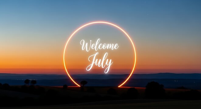 Welcome July greeting with sunset and hot air balloon.