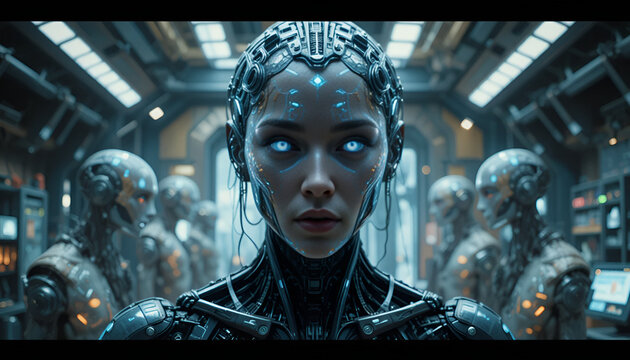 A futuristic human with advanced cybernetic enhancements, glowing neural circuits, intelligent robotic companions, futuristic laboratory background, hyper-realistic, dramatic lighting.
