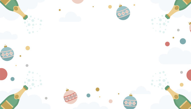 Champagne bottles popping with bubbles surrounded by festive ornaments and soft clouds on a white background for New Year celebration invitations or party posters.