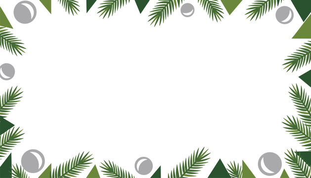 Symmetrical Christmas frame design with pine branch edges, grey baubles, and geometric triangle accents on a clean white surface for holiday invitations.