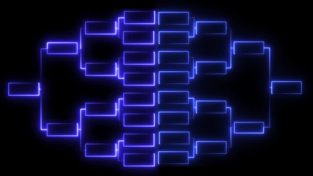 glowing neon or outline championship single elimination tournament bracket or tree diagram isolated on neon . Fields for 8 players or teams,