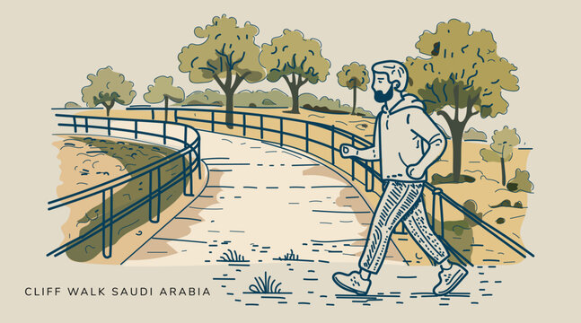 Cliff walk hand-drawn vector illustration in Riyadh, Saudi Arabia,perfect for travel tourism promotion, postcards, posters, editorial articles, and cultural designs.
