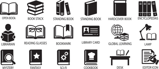 Book icon set collection featuring open books stack books library education reading learning encyclopedia editor desk lamp fantasy science fiction cookbook symbols outline glyph vector design © Asia