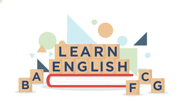 Wooden blocks spelling LEARN ENGLISH resting on a book with colorful geometric shapes and scattered letters for language study, school education, and literacy concepts.