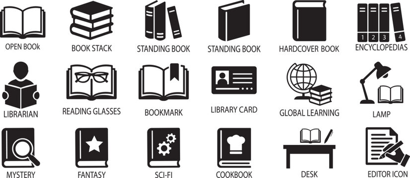Book icon set collection featuring open books stack books library education reading learning encyclopedia editor desk lamp fantasy science fiction cookbook symbols outline glyph vector design