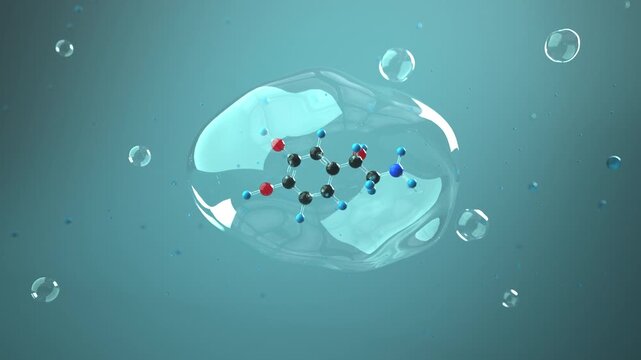 Norepinephrine (Noradrenaline) molecule 3D 4k animation in the bubble. ProRes 4444.