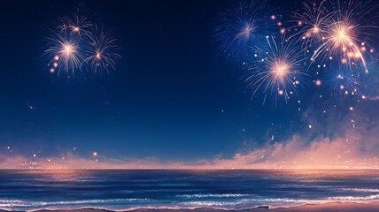 Naklejka premium 海の彼方で打ち上がる花火と夜空の星が重なる幻想的な夏祭り風景イラスト、海辺、花火大会、水平線、波、水面反射、夜景、星空、打ち上げ花火、納涼、夏休み、観光、旅行、リゾート、イベント、ロマンチック、癒し、絶景、背景、壁紙、ポスター、広告、チラシ、配信、動画サムネイル、SNS、音楽ジャケット、季節素材、商用利用、高品質、海岸、きらめき、余白、バナー、ヘッダー、挿絵、夏の思い出、販促、装丁、素材集、観賞用