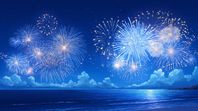 海の彼方で打ち上がる花火と夜空の星が重なる幻想的な夏祭り風景イラスト、海辺、花火大会、水平線、波、水面反射、夜景、星空、打ち上げ花火、納涼、夏休み、観光、旅行、リゾート、イベント、ロマンチック、癒し、絶景、背景、壁紙、ポスター、広告、チラシ、配信、動画サムネイル、SNS、音楽ジャケット、季節素材、商用利用、高品質、海岸、きらめき、余白、バナー、ヘッダー、挿絵、夏の思い出、販促、装丁、素材集、観賞用