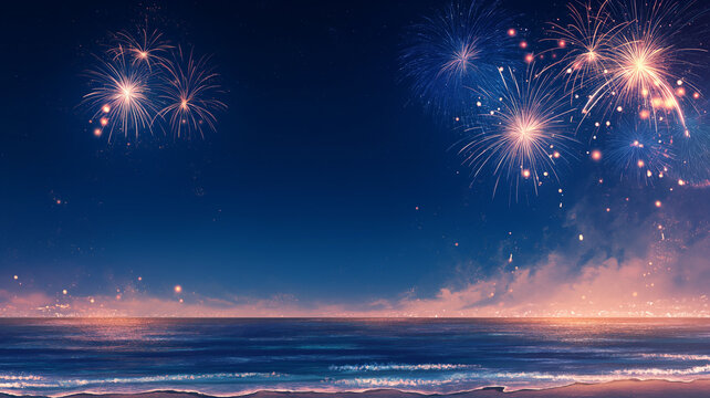 海の彼方で打ち上がる花火と夜空の星が重なる幻想的な夏祭り風景イラスト、海辺、花火大会、水平線、波、水面反射、夜景、星空、打ち上げ花火、納涼、夏休み、観光、旅行、リゾート、イベント、ロマンチック、癒し、絶景、背景、壁紙、ポスター、広告、チラシ、配信、動画サムネイル、SNS、音楽ジャケット、季節素材、商用利用、高品質、海岸、きらめき、余白、バナー、ヘッダー、挿絵、夏の思い出、販促、装丁、素材集、観賞用