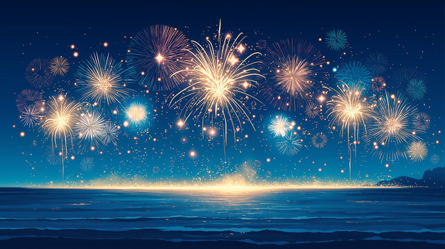 海の彼方で打ち上がる花火と夜空の星が重なる幻想的な夏祭り風景イラスト、海辺、花火大会、水平線、波、水面反射、夜景、星空、打ち上げ花火、納涼、夏休み、観光、旅行、リゾート、イベント、ロマンチック、癒し、絶景、背景、壁紙、ポスター、広告、チラシ、配信、動画サムネイル、SNS、音楽ジャケット、季節素材、商用利用、高品質、海岸、きらめき、余白、バナー、ヘッダー、挿絵、夏の思い出、販促、装丁、素材集、観賞用