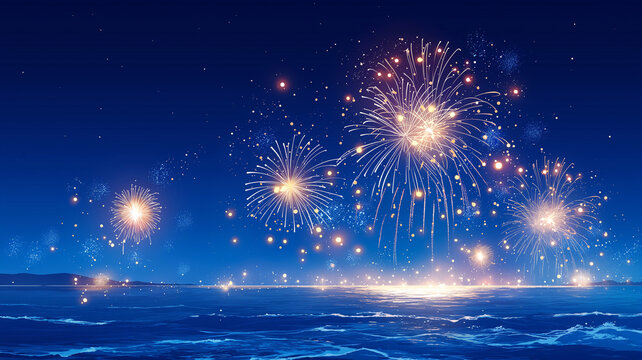 夏の夜空に広がる打ち上げ花火と静かな海を描いた幻想的な風景イラスト、花火大会、海辺、水平線、水面反射、波、星空、夜景、夏祭り、納涼、リゾート、観光、旅行、イベント、夏休み、ロマンチック、癒し、絶景、背景、壁紙、ポスター、広告、チラシ、配信用背景、動画サムネイル、SNS、音楽ジャケット、季節素材、商用利用、高品質、海岸、きらめき、余白、バナー、ヘッダー、挿絵、高解像度、夏の思い出、販促、装丁、観賞用