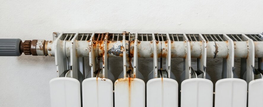 Old white heating radiator shows rust and peeling paint. Central section exhibits heavy corrosion and water stains. Connection valve is also rusted.