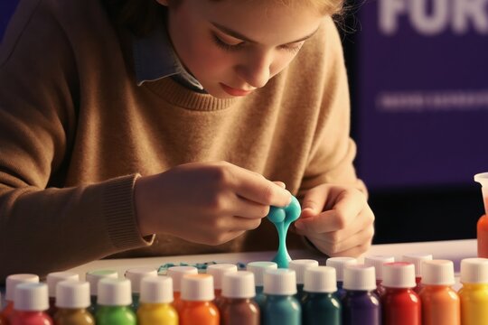 Child carefully makes colorful slime in workshop. Kid mixes goo ingredients with focused attention. Small bottles of pigment and tools on table.