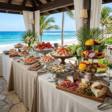 Luxury buffet table with seafood and fresh tropical fruit at a beach resort restaurant. coastal buffet setup