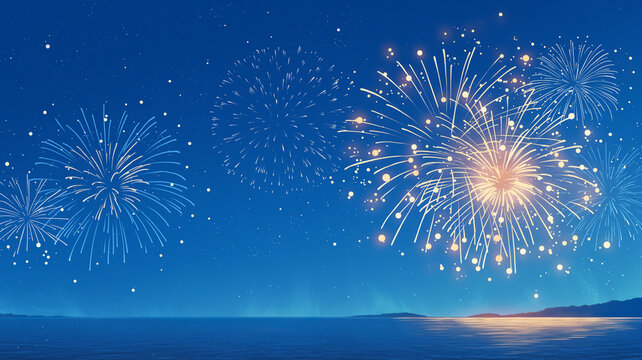 夏の夜空に広がる打ち上げ花火と静かな海を描いた幻想的な風景イラスト、花火大会、海辺、水平線、水面反射、波、星空、夜景、夏祭り、納涼、リゾート、観光、旅行、イベント、夏休み、ロマンチック、癒し、絶景、背景、壁紙、ポスター、広告、チラシ、配信用背景、動画サムネイル、SNS、音楽ジャケット、季節素材、商用利用、高品質、海岸、きらめき、余白、バナー、ヘッダー、挿絵、高解像度、夏の思い出、販促、装丁、観賞用