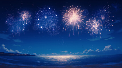 Fototapeta premium 水平線の向こうに広がる花火と海のきらめきが幻想的な夏の夜景イラスト、海辺、花火大会、打ち上げ花火、夜空、星空、波、水面反射、夏祭り、納涼、夏休み、リゾート、観光、旅行、イベント、ロマンチック、癒し、絶景、背景素材、壁紙、ポスター、広告、チラシ、配信、動画サムネイル、SNS、音楽ジャケット、季節素材、商用利用、高品質、海岸、海面、余白、バナー、ヘッダー、挿絵、高解像度、夏の思い出、販促、装丁、素材集